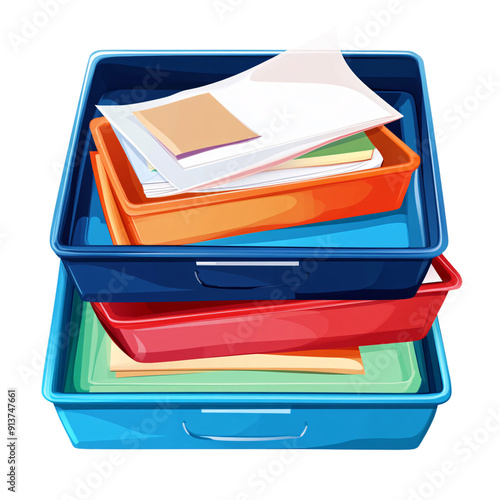 Stacked trays in vibrant colors contain various office papers, creating an organized yet lively look in a contemporary workspace photo