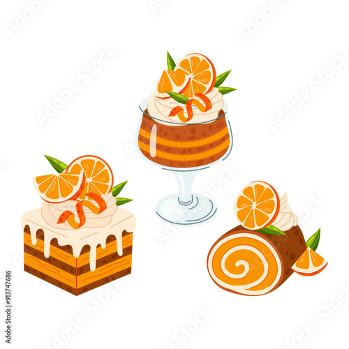 Set of sweet orange cakes on white background. Orange pie. Citrus dessert. Flat cartoon design for postcards, stickers, menu or cafe.