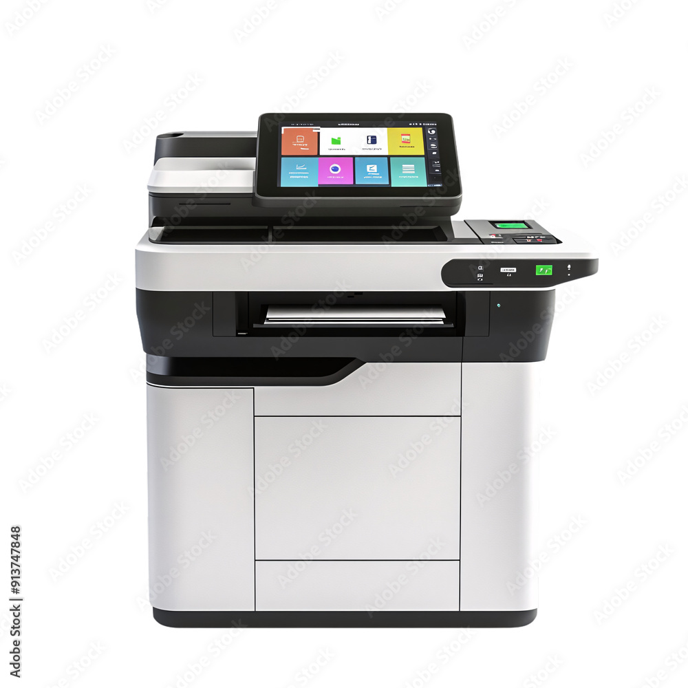A sleek, contemporary multi-function office printer stands in a well-lit workspace, featuring a user-friendly touchscreen display for seamless operation and efficient printing tasks A sleek, contemporary multi-function office printer stands in a well-lit workspace, featuring a user-friendly touchscreen display for seamless operation and efficient printing tasks