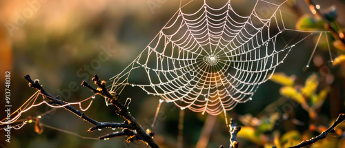 A close-up of a delicate spider web, glistening with dewdrops, stretched across a tree branch.