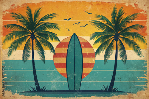 Retro-style illustration of a surfboard and palm trees on a distressed background, perfect for surf-inspired designs, apparel, and promotional materials. photo