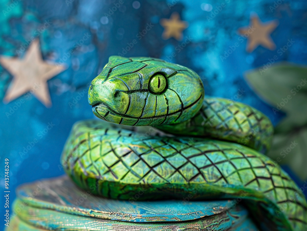 Fototapeta premium A green wriggling beautiful snake on a blue background