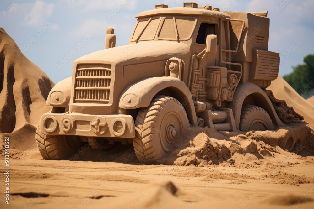 Detailed sand sculpture of a truck captured on a sunny day at the beach Detailed sand sculpture of a truck captured on a sunny day at the beach