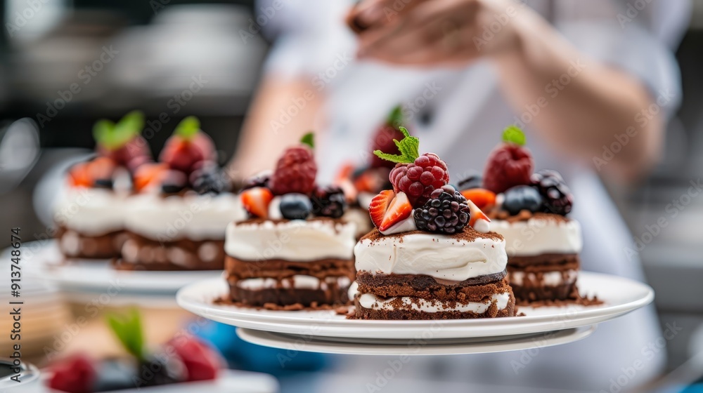 A tight shot of a full plate of food In the background, a person holds another plate laden with desserts A tight shot of a full plate of food In the background, a person holds another plate laden with desserts