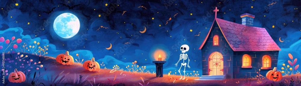 Naklejka premium Haunted house, skeleton near podium, moonlit night, cute spooky Halloween theme, Watercolor style