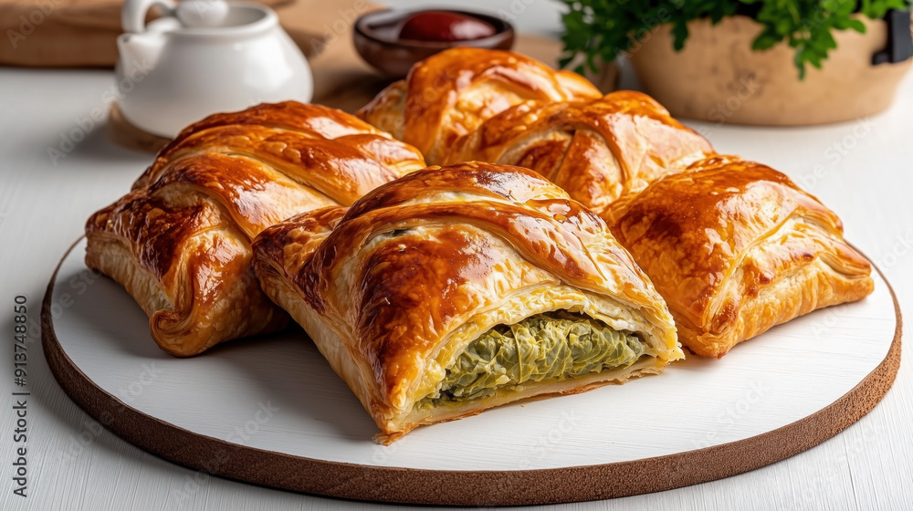 Traditional Russian food Kulebyaka, featuring golden, flaky puff pastry filled with cabbage, rice, mushrooms, or fish, sliced to show the delicious layers. Traditional Russian food Kulebyaka, featuring golden, flaky puff pastry filled with cabbage, rice, mushrooms, or fish, sliced to show the delicious layers.