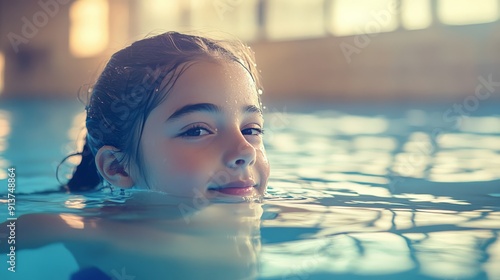 A young girl with brown hair enjoys swimming in a clear indoor pool, creating a serene and joyful atmosphere under soft natural lighting.