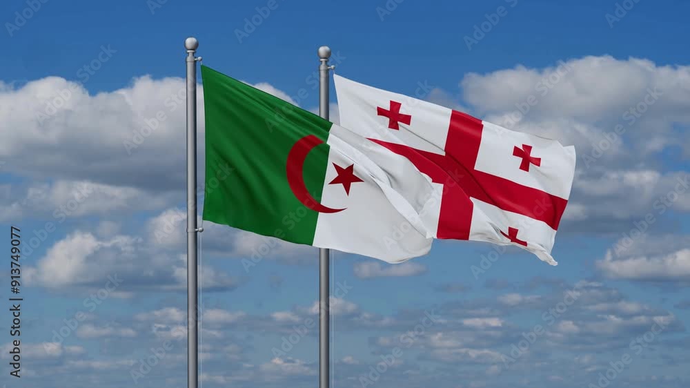 Georgia and Algeria flags flying together, video concept of the relationship, two country relations concept Georgia and Algeria flags flying together, video concept of the relationship, two country relations concept