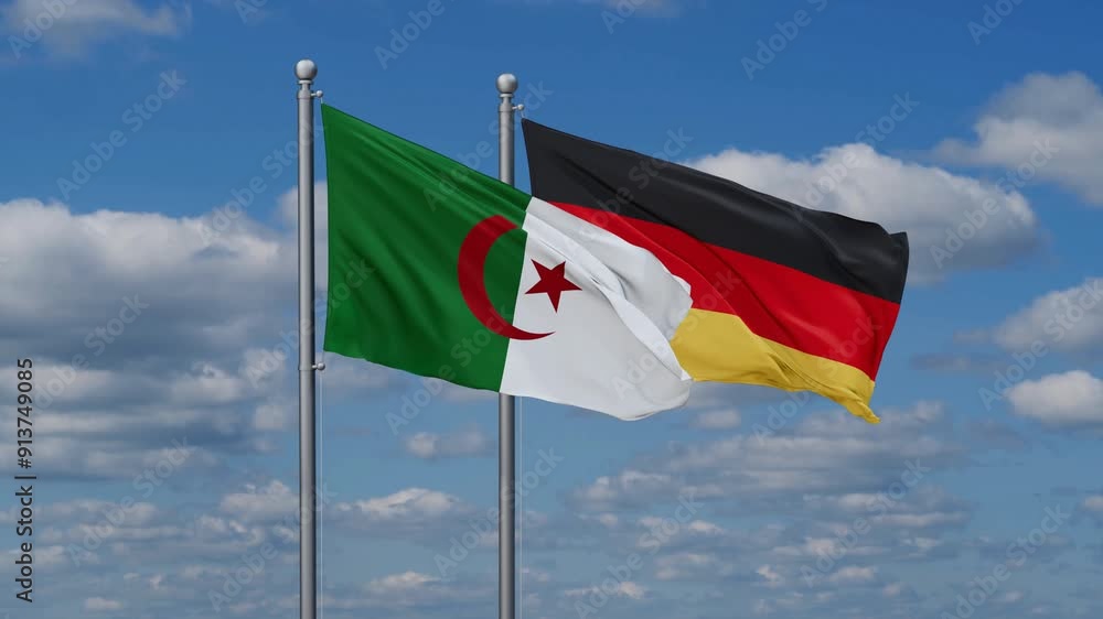 Germany and Algeria flags flying together, video concept of the relationship, two country relations concept Germany and Algeria flags flying together, video concept of the relationship, two country relations concept
