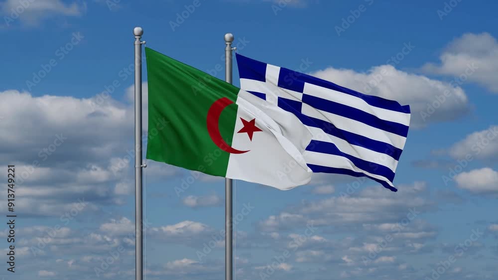 Greece and Algeria flags flying together, video concept of the relationship, two country relations concept Greece and Algeria flags flying together, video concept of the relationship, two country relations concept