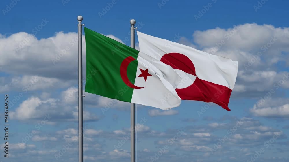 Greenland and Algeria flags flying together, video concept of the relationship, two country relations concept Greenland and Algeria flags flying together, video concept of the relationship, two country relations concept
