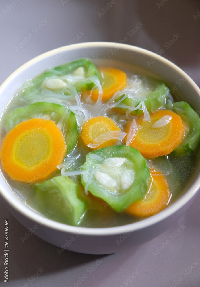 Vegetable soup made from vermicelli, carrot, and green luffa or oyong or gambas. Vegetable soup made from vermicelli, carrot, and green luffa or oyong or gambas.