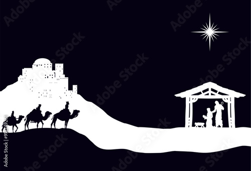 A Christmas nativity scene with baby Jesus in the manger, wise men and city of Bethlehem in the background