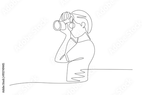Female photographer is taking photos. World photography day concept one-line drawing