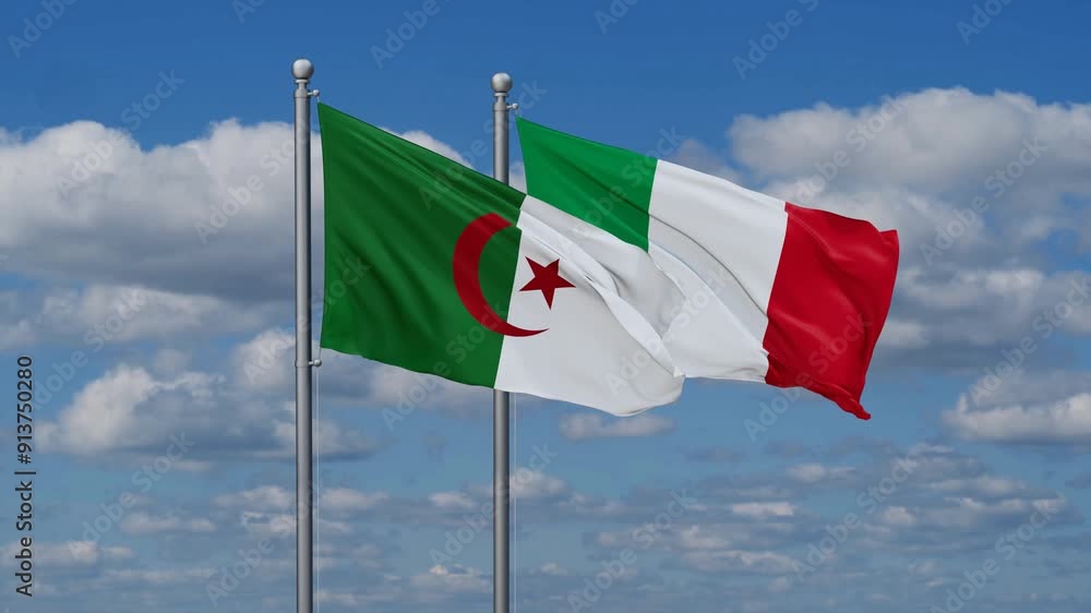 Italy and Algeria flags flying together, video concept of the relationship, two country cooperation concept Italy and Algeria flags flying together, video concept of the relationship, two country cooperation concept