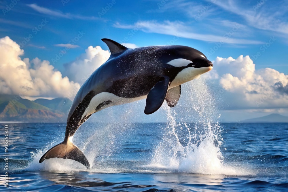 Fototapeta premium orca killer whale jump on ocean water with splash in the morning