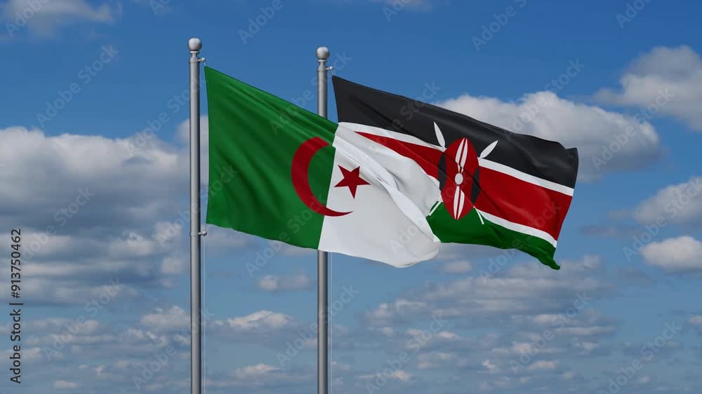 Kenya and Algeria flags flying together, video concept of the relationship, two country relations concept Kenya and Algeria flags flying together, video concept of the relationship, two country relations concept