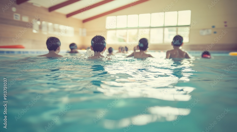 Obraz premium Group of swimmers practicing in an indoor pool with large windows allowing natural light, water safety, and teamwork concept.