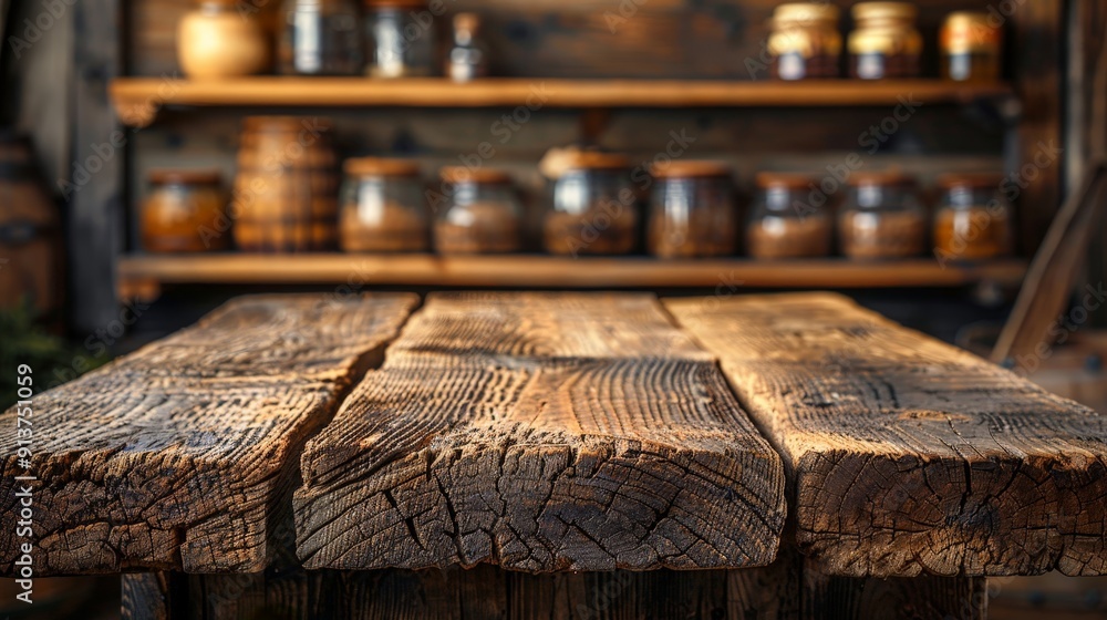Empty wood table surface with a rustic finish, ideal for product display Empty wood table surface with a rustic finish, ideal for product display