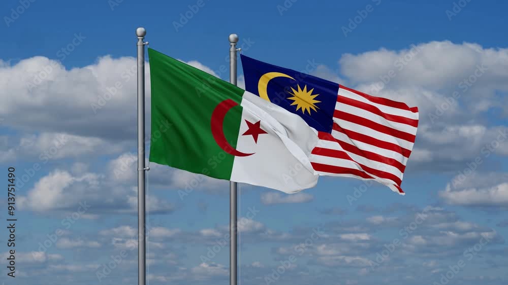 Malaysia and Algeria flags flying together, video concept of the relationship, two country cooperation concept Malaysia and Algeria flags flying together, video concept of the relationship, two country cooperation concept