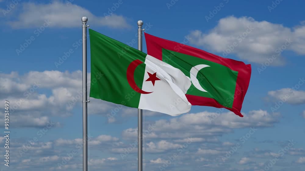 Maldives and Algeria flags flying together, video concept of the relationship, two country relations concept Maldives and Algeria flags flying together, video concept of the relationship, two country relations concept