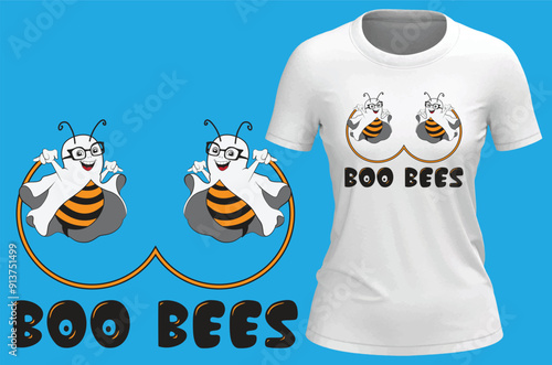 Boo bees, funny honeybees cartoon. Vector illustration for female tshirt print on demand merch