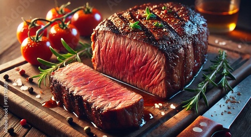 perfectly cooked juicy steak medium rare photo