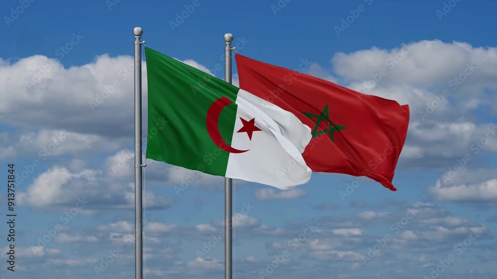 Morocco and Algeria flags flying together, video concept of the relationship, two country relations concept Morocco and Algeria flags flying together, video concept of the relationship, two country relations concept