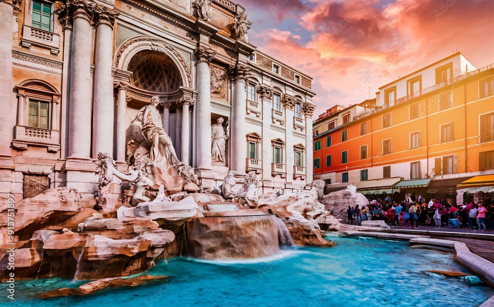 Naklejka premium Tossing a coin in Trevi Fountain. italy