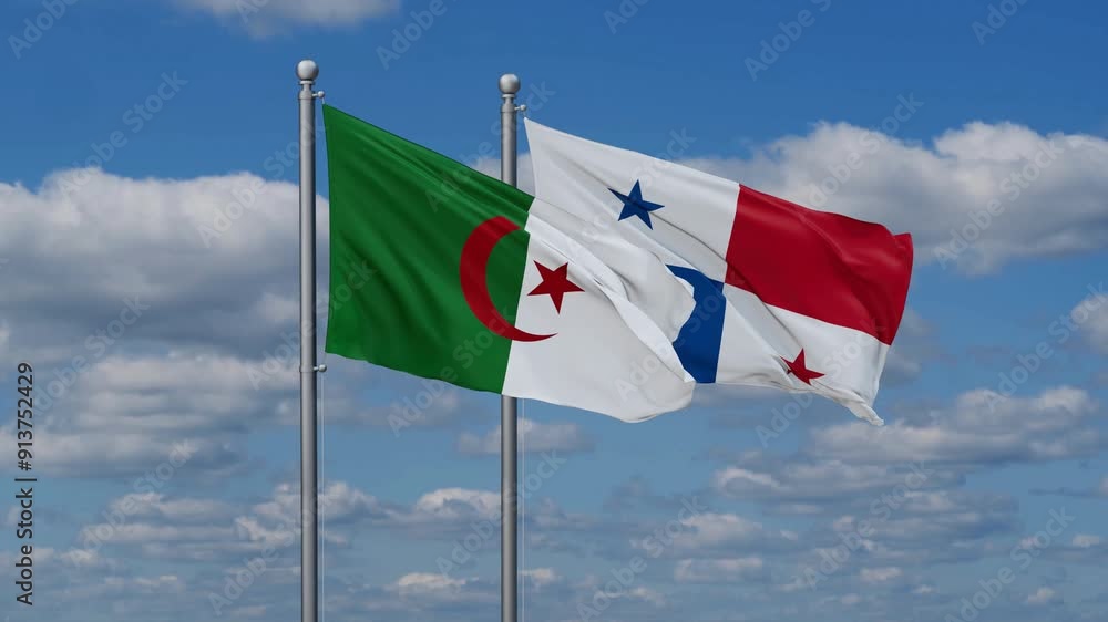Panama and Algeria flags flying together, video concept of the relationship, two country relations concept Panama and Algeria flags flying together, video concept of the relationship, two country relations concept