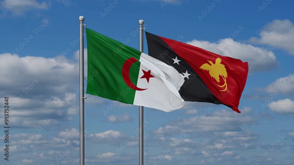 Papua New Guinea and Algeria flags flying together, video concept of the relationship, two country relations concept Papua New Guinea and Algeria flags flying together, video concept of the relationship, two country relations concept
