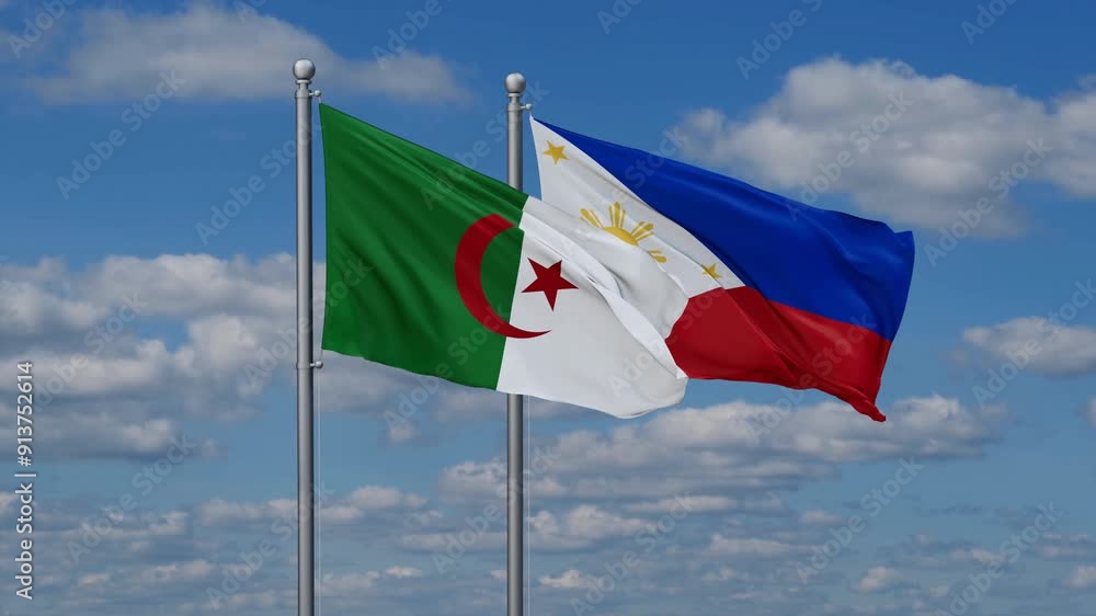 Philippines and Algeria flags flying together, video concept of the relationship, two country cooperation concept Philippines and Algeria flags flying together, video concept of the relationship, two country cooperation concept