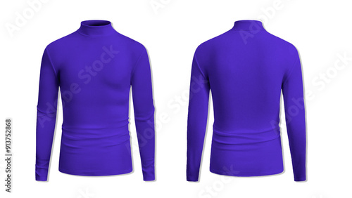 Blank purple turtleneck long sleeve t shirt front and back view on white background.