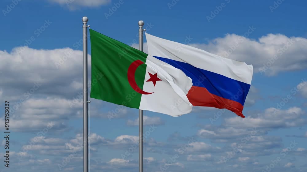 Russian Federation and Algeria flags flying together, video concept of the relationship Russian Federation and Algeria flags flying together, video concept of the relationship