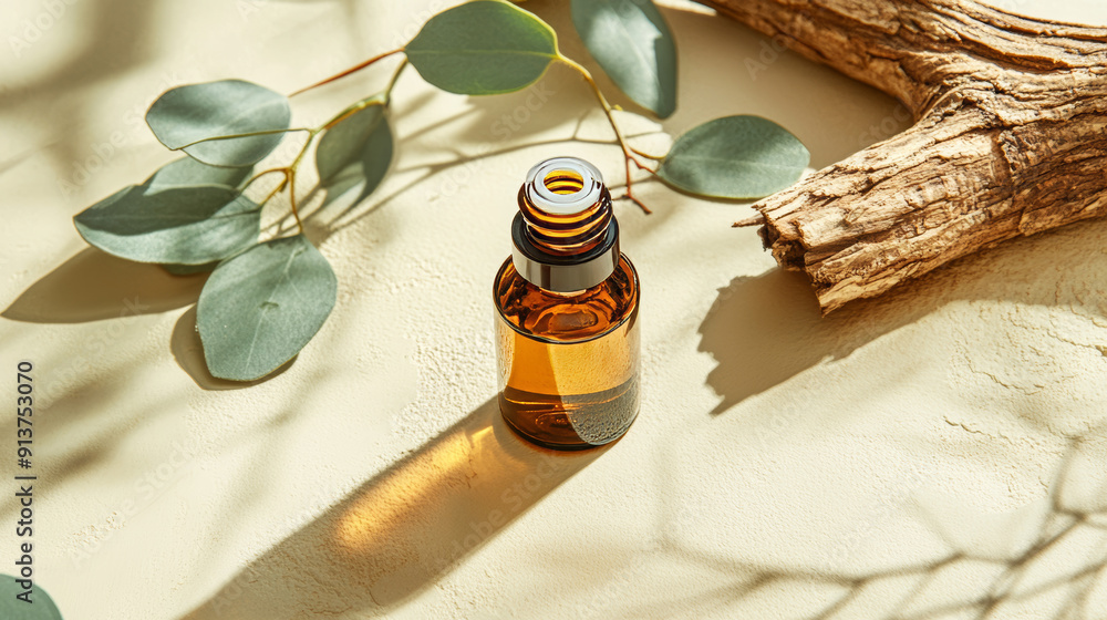 A bottle of beauty oil sits on a light yellow surface. Eucalyptus branches and tree bark are arranged around it. A bottle of beauty oil sits on a light yellow surface. Eucalyptus branches and tree bark are arranged around it.