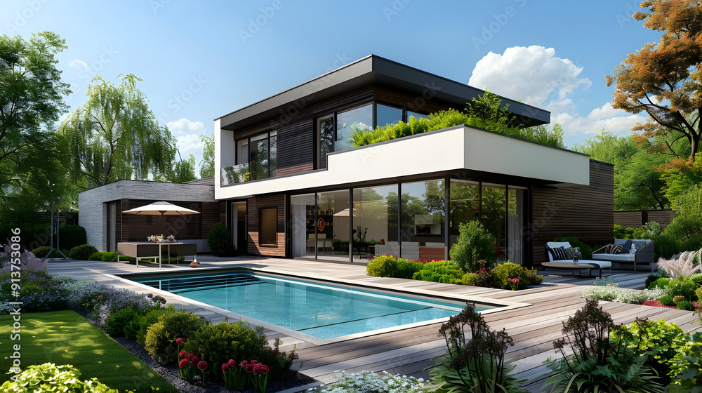 Modern House with Swimming Pool and Landscaping 3D Illustration Modern House with Swimming Pool and Landscaping 3D Illustration