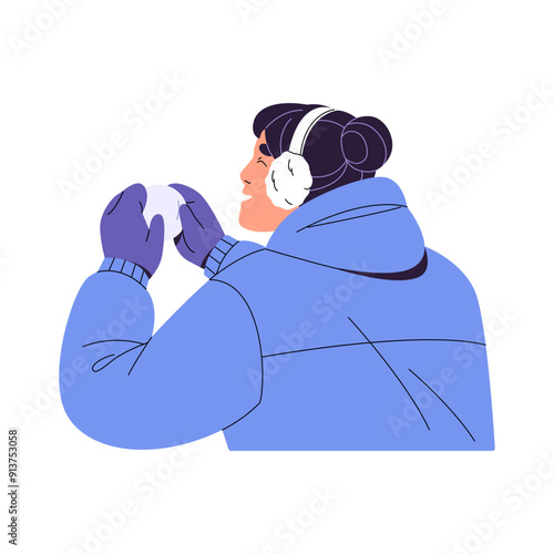 Smiling girl plays snowballs back view. Happy child makes snow balls on winter vacations. Kid in warm headphones has fun outdoors in wintertime. Flat isolated vector illustration on white background