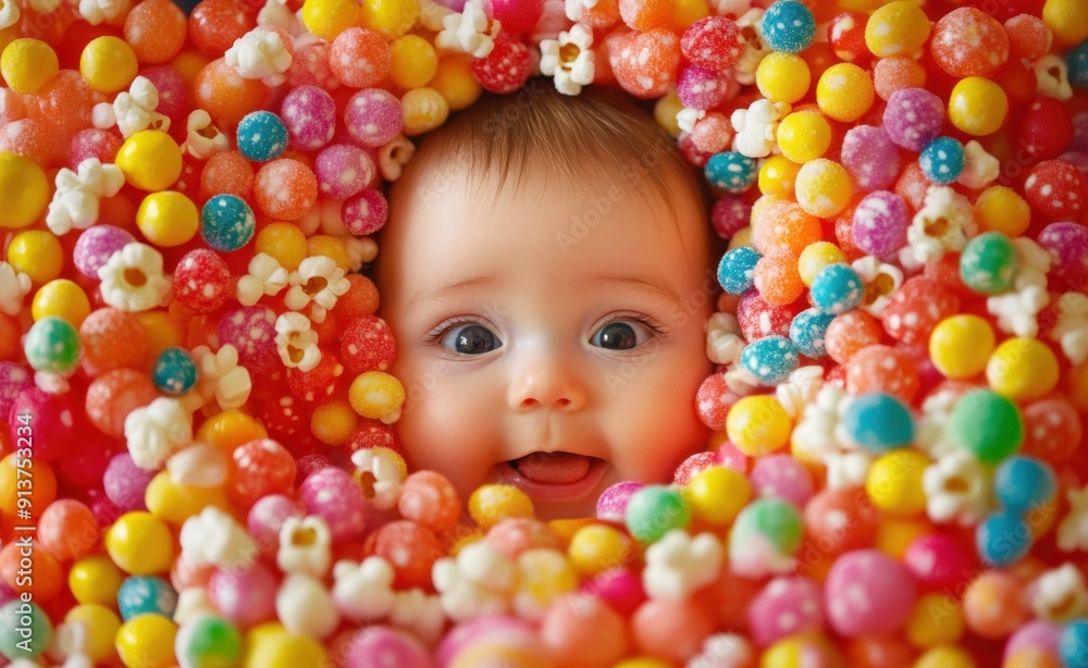 Cute baby face emerging from colorful candies, the background is covered in bright and playful popcorn, creating an atmosphere of joyful playfulness. The scene captures their adorable expressions Cute baby face emerging from colorful candies, the background is covered in bright and playful popcorn, creating an atmosphere of joyful playfulness. The scene captures their adorable expressions