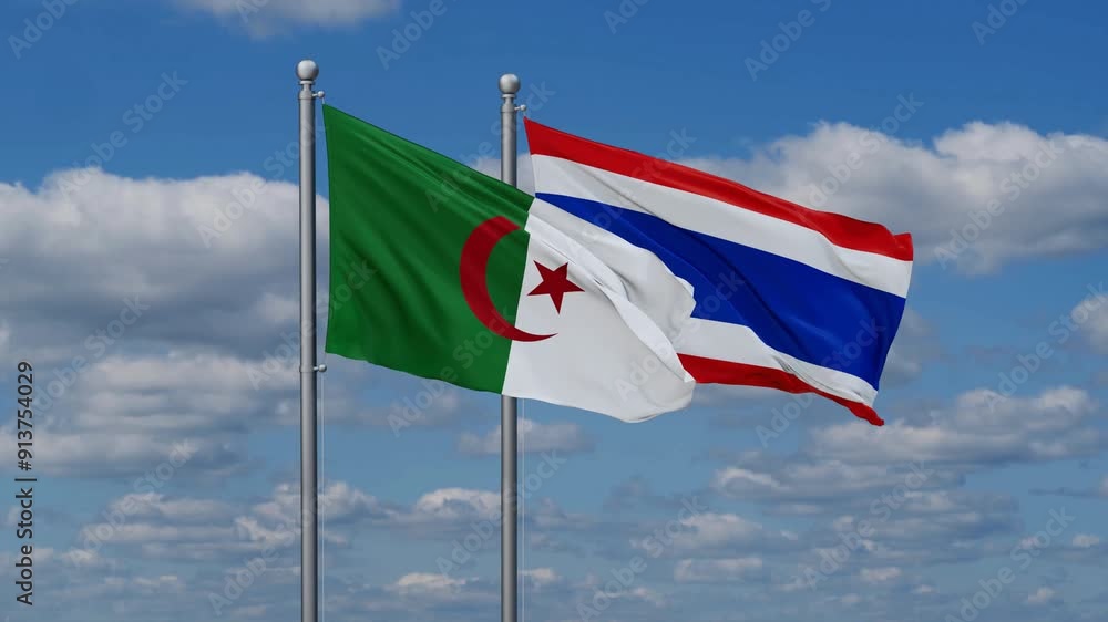 Kingdom of Thailand and Algeria flags flying together, video concept of the relationship, two country cooperation concept Kingdom of Thailand and Algeria flags flying together, video concept of the relationship, two country cooperation concept