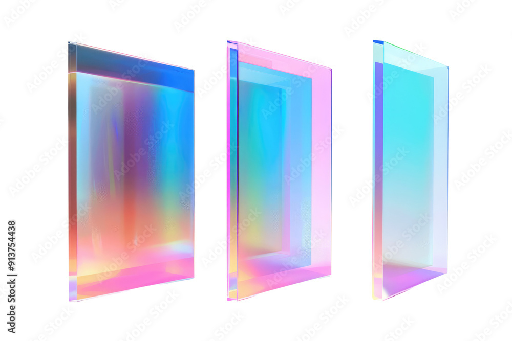Futuristic transparent glass panels with vibrant gradient colors in floating arrangement in isolated on transparent or white background Futuristic transparent glass panels with vibrant gradient colors in floating arrangement in isolated on transparent or white background