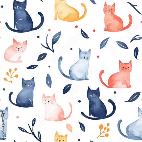 Seamless Watercolor Cute Cat Textile Pattern for Children Clothes