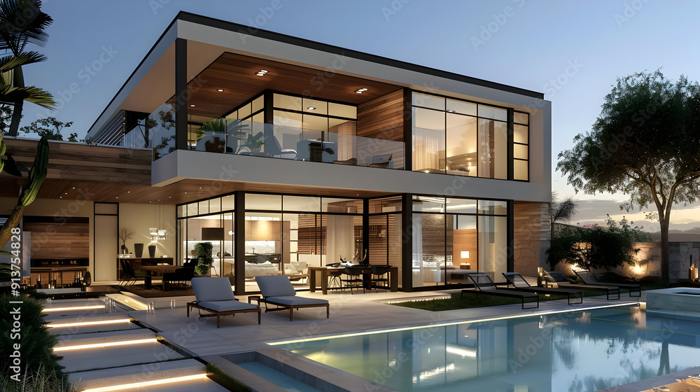 Modern Luxury Home with Pool and Patio - 3D Illustration Modern Luxury Home with Pool and Patio - 3D Illustration
