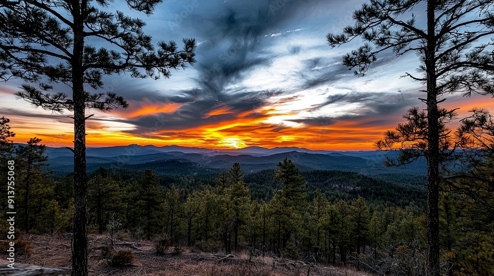 Fototapeta premium Sunset over an untamed forest with pine needles and expansive views of the natural landscape, creating a dramatic scene with ample copy space for text or graphics