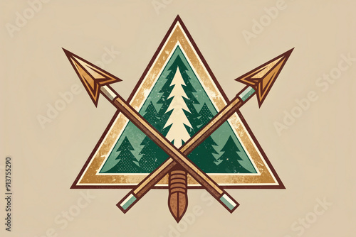 Stylized illustration of a vintage spear logo featuring a retro arrowhead design with a rustic, minimalist aesthetic, evoking a sense of primal hunting heritage. photo