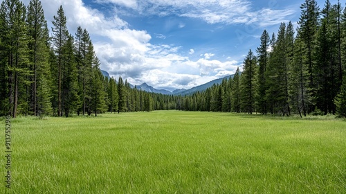 Expansive view of an untamed wilderness, featuring pine trees with needles and open skies, offering a serene setting with plenty of copy space for creative use