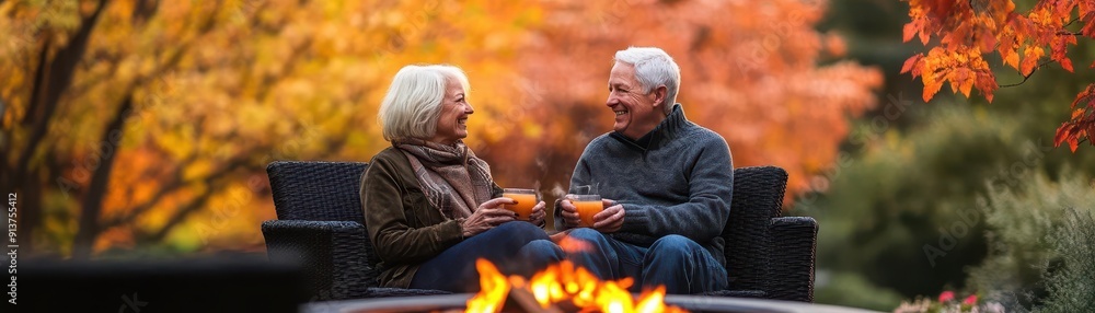 A cheerful elderly couple enjoys warm drinks by a cozy fire amidst vibrant autumn foliage, celebrating life and love. A cheerful elderly couple enjoys warm drinks by a cozy fire amidst vibrant autumn foliage, celebrating life and love.