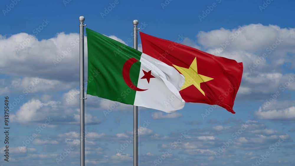 Vietnam and Algeria flags flying together, video concept of the relationship Vietnam and Algeria flags flying together, video concept of the relationship