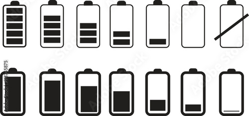 Battery signal symbol black set, battery infographic icon charged. png Vector Smartphone Low Battery, isolated on transparent background, Silhouette vector template design, for website design, mobile.