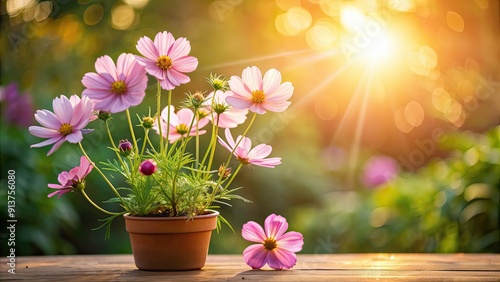 Potted cosmos flowers emanating a soft glow in the morning sunlight, potted, cosmos, flowers, glowing, morning light