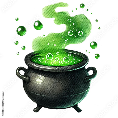 A mysterious cauldron bubbling with green liquid and smoke, photo